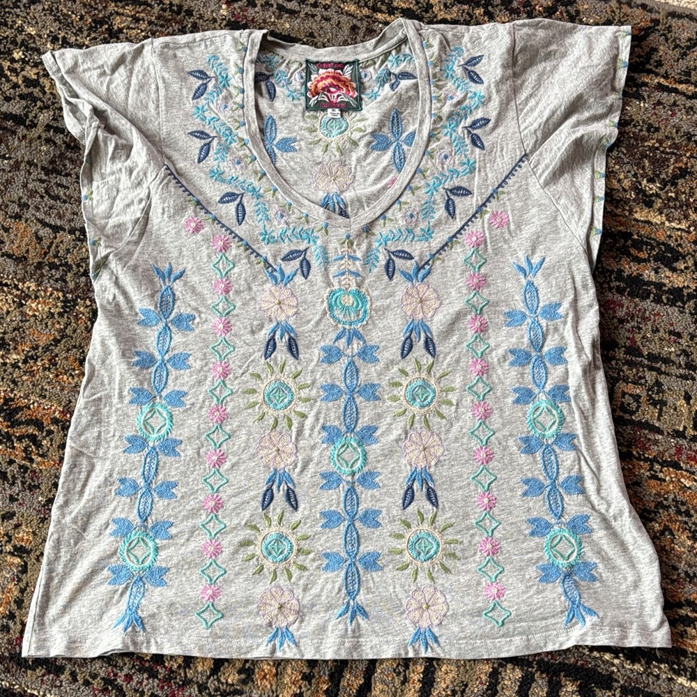 Johnny Was Gray Tee with Blue and Pink Embroidery